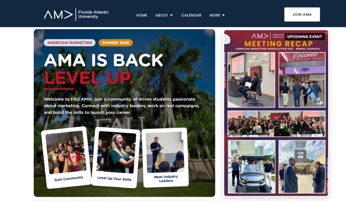 FAU American Marketing Association website, Boca Raton, built by Minick