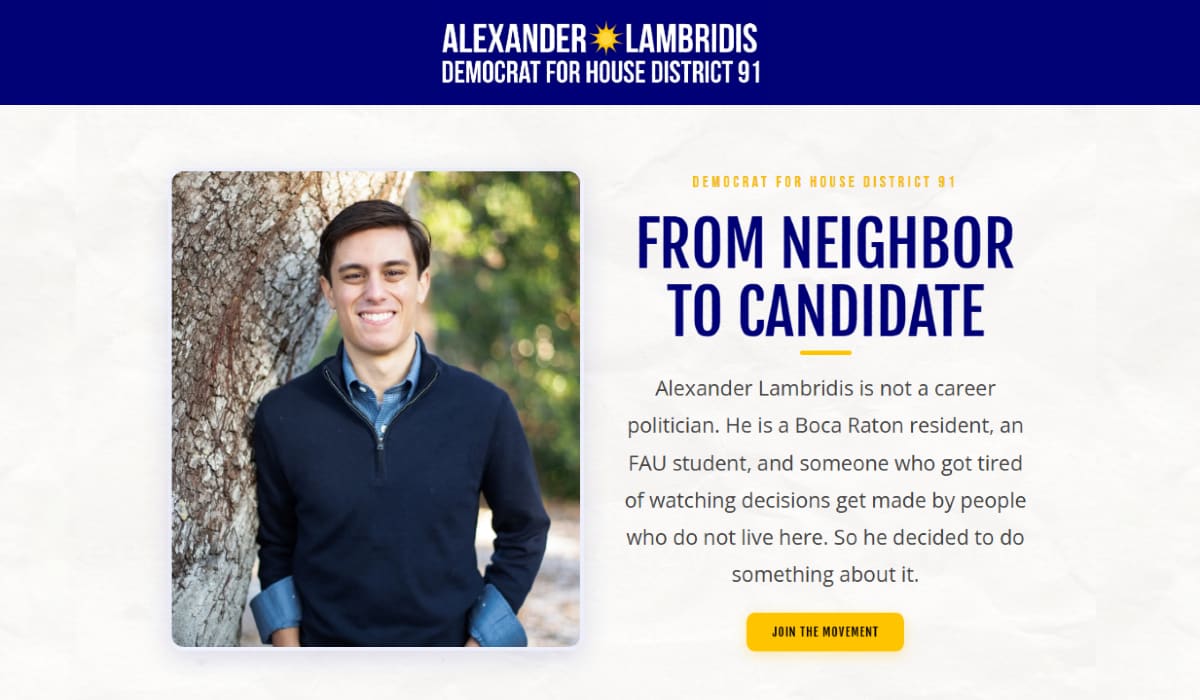 Alexander Lambridis political campaign website, Fort Lauderdale, built by Minick